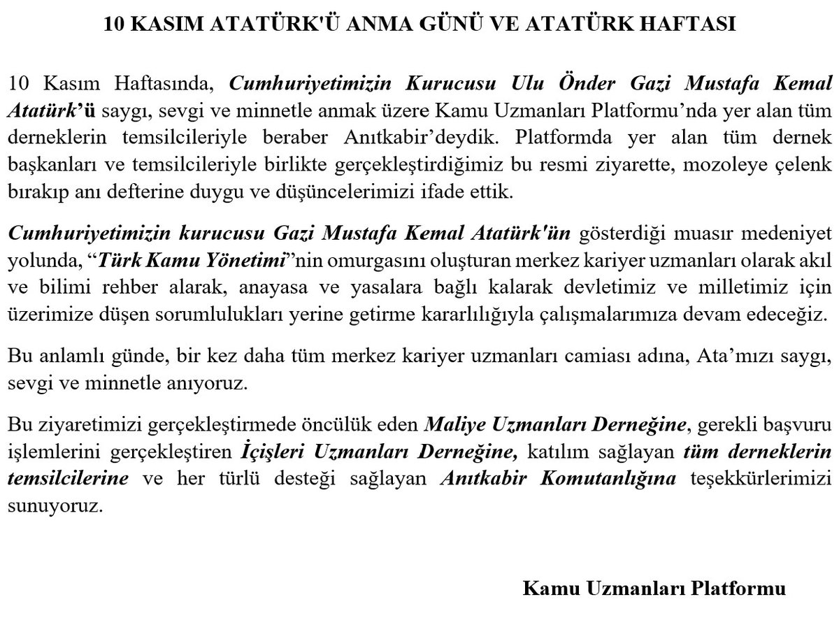 Cumhuriyetimizin kurucusu Gazi Mustafa Kemal Atatürk'ün gösterdiği muasır medeniyet yolunda, “Türk Kamu Yönetimi”nin omurgasını oluşturan merkez kariyer uzmanları olarak Ata’mızı saygı, sevgi ve minnetle anıyoruz. #10Kasim #Atatürk #KamuUzmanlarıPlatformu
#Merkezkariyeruzmanları