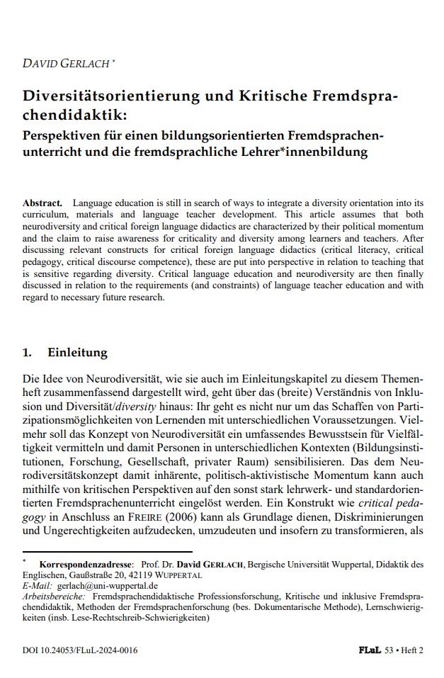 Out now: Diversitätsorientierung und Kritische Fremdsprachendidaktik - zwei Seiten einer Medaille? Danke für die Gelegenheit, zu #Neurodiversität etwas beizu"denken", @CaroBlume &amp; <a href="/BuendgensKosten/">Jules Buendgens-Kosten</a> -&gt; elibrary.narr.digital/journal/flul/2… #diversity #elt #inclusion #neurodiversity