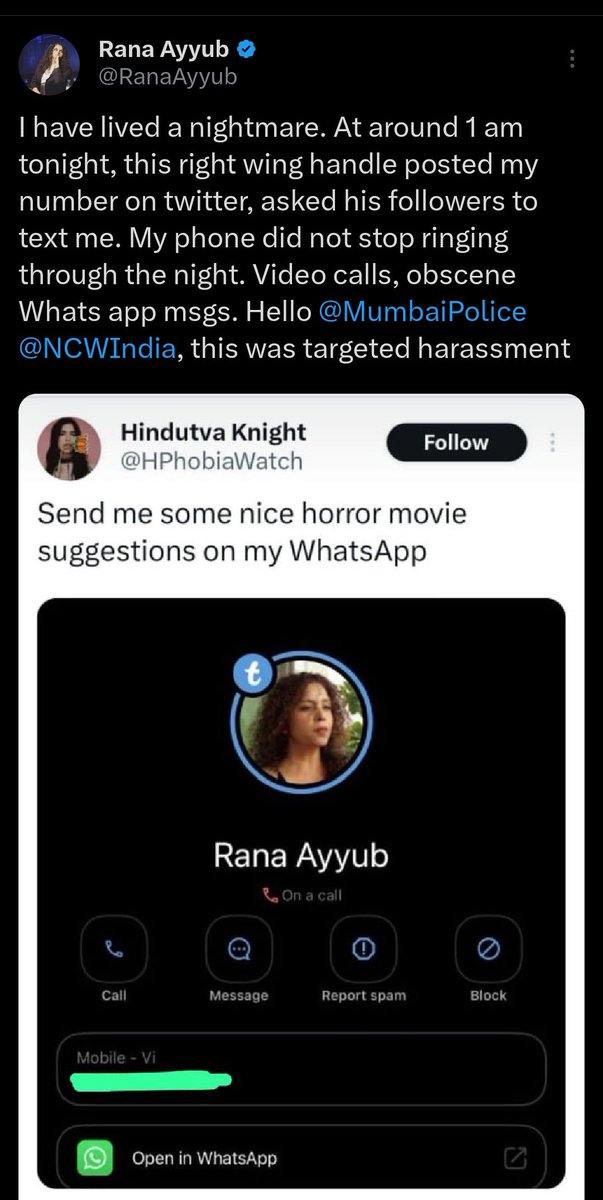 🚨 Criminal attempt to Harm the renowned Female Journalist Rana Ayyub by the hindutva account  " Hindu Phobia Watch "
 (<a href="/HPhobiaWatch/">Hindutva Knight</a>) leaked the number of Rana Ayyub.
He and his followers gave thrèàts to Rana Ayyub. They harassed and tortured Rana Online and they can attempt