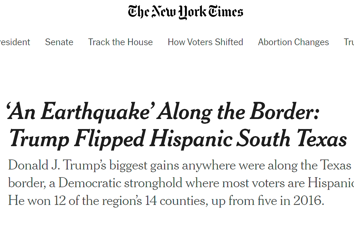 We need to wake the fuck up, people. Yes, Trump killed the border bill, but there were YEARS before in which nothing was done. 12 of 14 Hispanic border counties, up from 5. Numbers don't lie. Free gift read for you from me. nytimes.com/2024/11/08/us/…