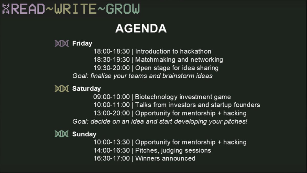 Join the European SynBio Hackathon.🙌 

Here is the Agenda of the Hackathon starting today!

Continue to follow us as there is plenty of updates coming! 💻 🎉 

Know more here: 👉 rwg.bio.
Visit SYNBEE website: 👉 synbee.eu/activity/europ….
