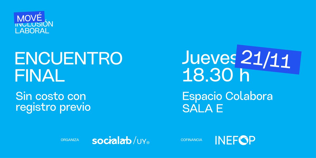 ¡LLEGAMOS AL FINAL DE LA COCREACIÓN! ✨

Es momento de presentar los resultados del programa y las ideas que llegaron a esta instancia final. 

📆 El próximo 21/11 te esperamos a las 18.30 h en Espacio Colabora.

✍🏼 Registro en socialaburuguay.com/move