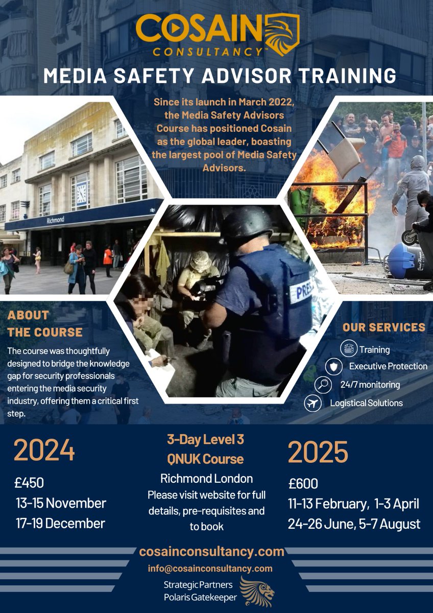 Protectors - Level Up Your Skill set with Cosain Consultancy Explore a new area of security and protection and train to become a Media Safety Advisor. 
#MediaSafety #Level3Certification #CosainConsultancy #MSA #JournalistSafety #SecurityIndustry #CPWorldConference