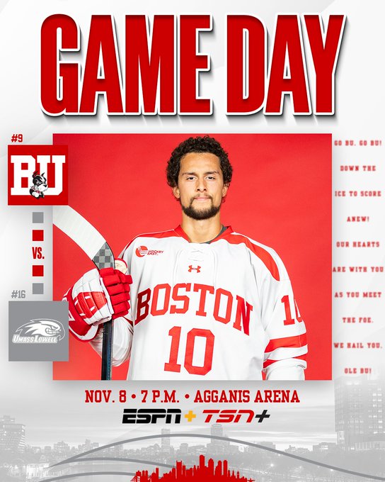 Game day graphic featuring posed photo of Brehdan Engum. #9 BU vs. #17/16 UMass Lowell. Nov. 8, 7 PM at Agganis Arena on ESPN+ and TSN+