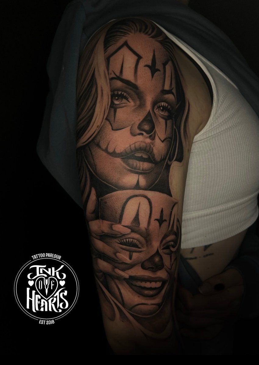 InkOfHearts's tweet photo. A look behind the mask ⚫️⚪️🔴

Tattoo &amp; design by #EsbanditIOH

This quarter sleeve took 8 hours to complete (Day session) using
@Cheyenne_Tattoo
@Tatsoul
@MagnumTattoo

Esbandit has limited slots for December so be sure to secure a session before 2025!

#IOH #ForeverIOH #Ink https://t.co/TSHIVjfdIQ