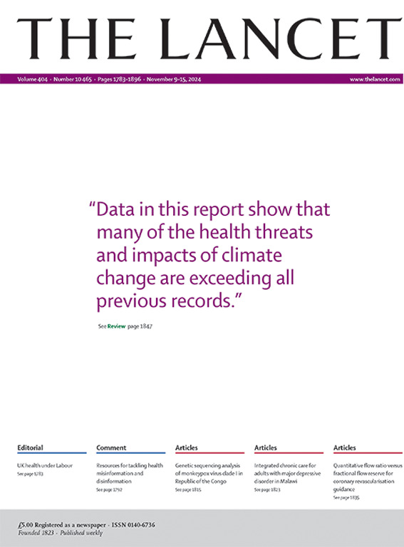 The Lancet (@thelancet) on Twitter photo On the cover this week, the 2024 report of the <a href="/LancetCountdown/">The Lancet Countdown on Health and Climate Change</a> on health & climate change.
Read the report 👉 hubs.li/Q02XtMYP0 #LancetClimate24
Explore our latest issue 👉 hubs.li/Q02XtStG0 On the cover this week, the 2024 report of the <a href="/LancetCountdown/">The Lancet Countdown on Health and Climate Change</a> on health & climate change.
Read the report 👉 hubs.li/Q02XtMYP0 #LancetClimate24
Explore our latest issue 👉 hubs.li/Q02XtStG0