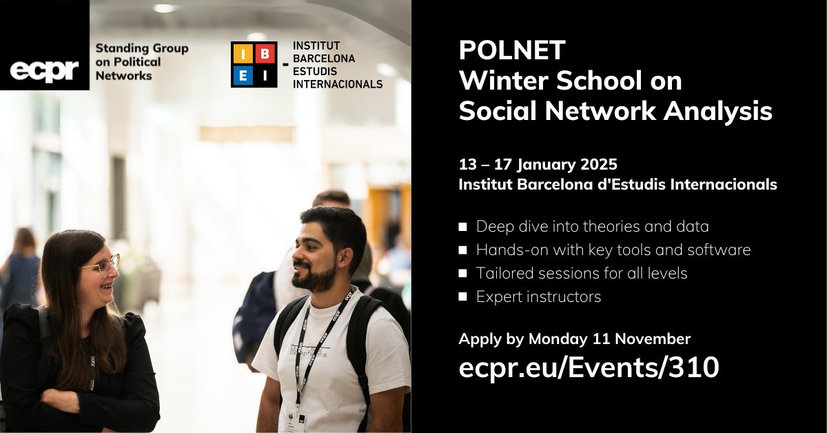 Institut Barcelona d'Estudis Internacionals (@ibei) on Twitter photo 🧐 Curious about Social Network Analysis and its applications in political network research? Join <a href="/politicalnets/">PoliticalNets ECPR</a> Winter School with <a href="/ECPR/">European Consortium for Political Research</a> for an enriching learning experience
Everything you need to know: bit.ly/40CFzPK
⏰ APPLY before November 11st
📆 13–17 Jan 🧐 Curious about Social Network Analysis and its applications in political network research? Join <a href="/politicalnets/">PoliticalNets ECPR</a> Winter School with <a href="/ECPR/">European Consortium for Political Research</a> for an enriching learning experience
Everything you need to know: bit.ly/40CFzPK
⏰ APPLY before November 11st
📆 13–17 Jan