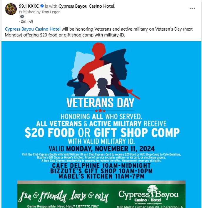 KXKC991's tweet photo. Cypress Bayou Casino Hotel - Salute to our vets!  Share this with your favorite vets! https://t.co/EivAXJcB4c