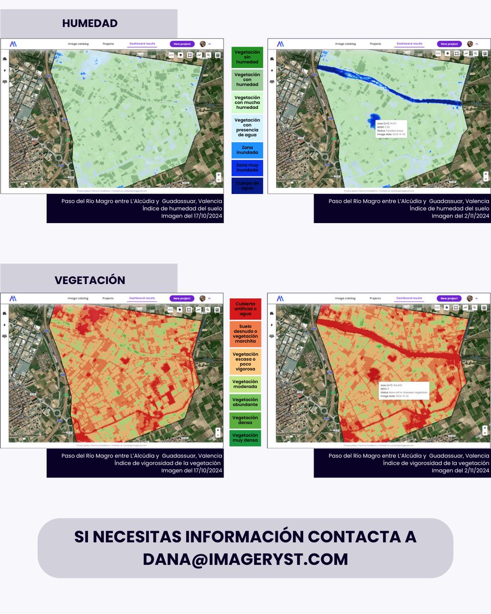 imageryst's tweet image. Las recientes inundaciones han dejado daños enormes en infraestructuras, cultivos y caminos. Queremos aportar nuestro granito de arena ofreciendo, de forma gratuita, análisis satelital de daños a agricultores, ONGs y otros. Escríbenos a dana@imageryst.com.

#FuerzaValencia
