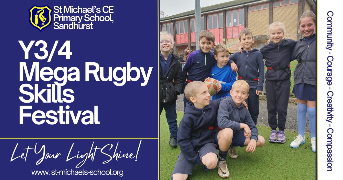 stmichaelssand's tweet photo. A group of Y3/4 children enjoyed taking part in a range of rugby skill-based activities as part of the Bracknell Forest School Games Mega Rugby Festival. All the activities required teamwork and skill! Well done to all involved! #StMSport https://t.co/QQrrhUiBDd