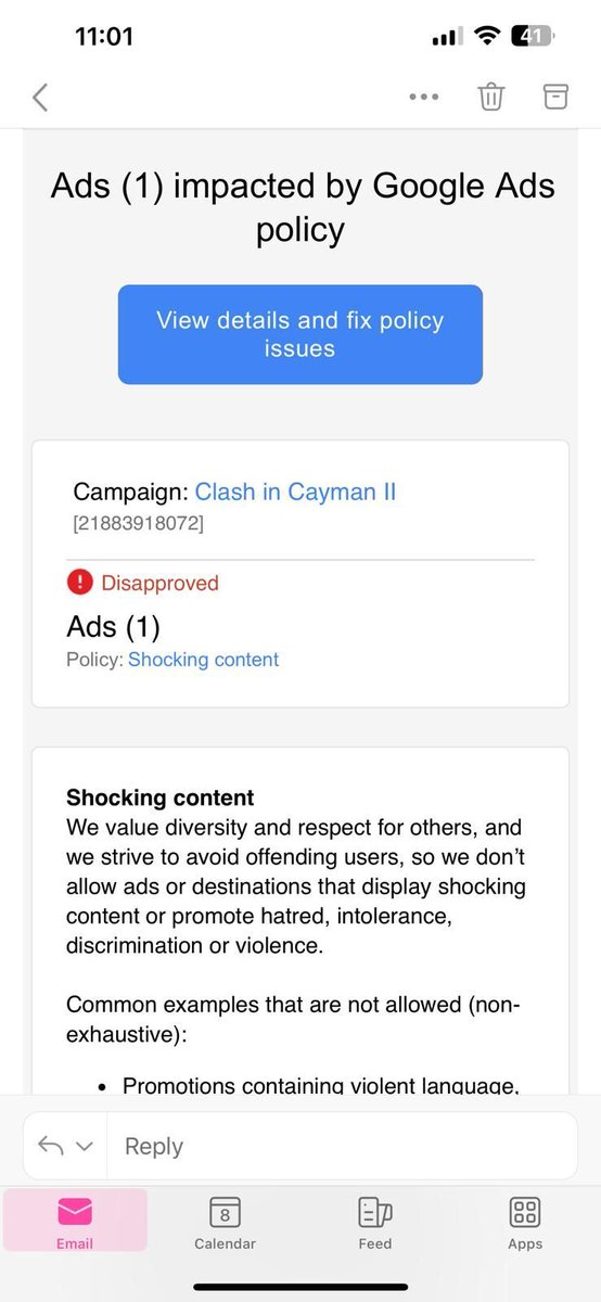 👀🚨 Find Out Why Google Disapproved Ads for Clash in Cayman 2! 🚨👀

Our latest campaign for the Clash in Cayman 2 event was flagged by Google Ads under their “Shocking Content” policy. Despite the excitement and energy surrounding this world-class boxing showdown, Google deemed
