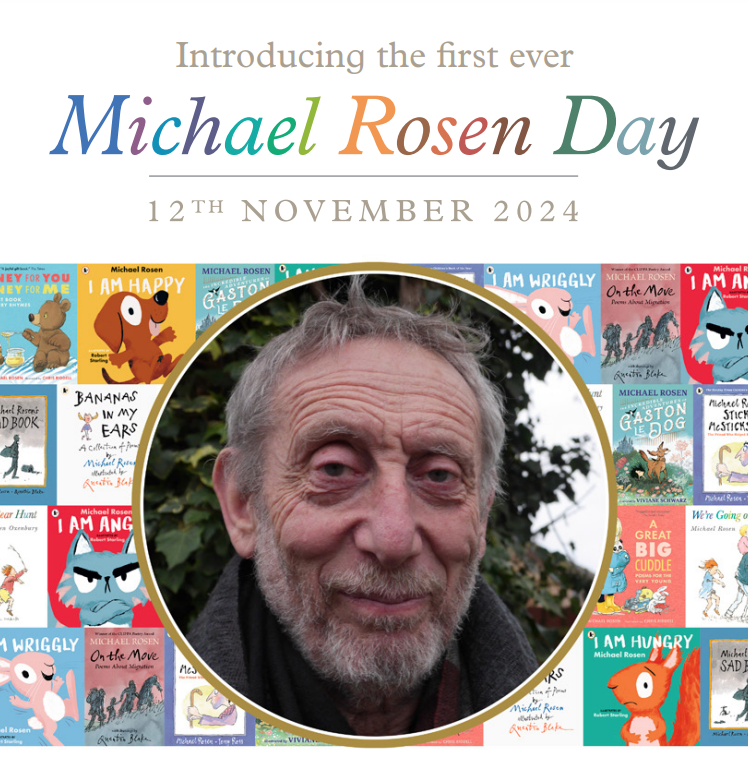 Next week is the first ever #MichaelRosenDay! 

Celebrating 50 years since the publication of his first book, @michaelrosenyes is available online with <a href="/MrMCGrammar/">MC Grammar</a> from 10am on Tuesday 12th November! 

Download a free resource pack and sign up 👉 michaelrosen.co.uk/michaelrosenda…