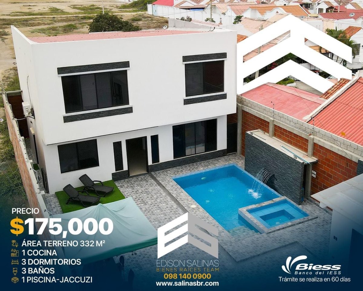 EdisonSalinasJr's tweet photo. Amplia y moderna casa en Salinas con piscina, jacuzzi y sauna cerca al Colegio Jefferson. 3 Dormitorios/4.5 baños/332m terreno/ $175,000 https://t.co/Oo1du6gzlk #ESBR #ESBREDISON #TEAMSALINAS #SALINAS #SALINASEC #REALESTATESALINAS ##SALINASBR #BIENESRAICESSALINAS https://t.co/NISBMCNqJY