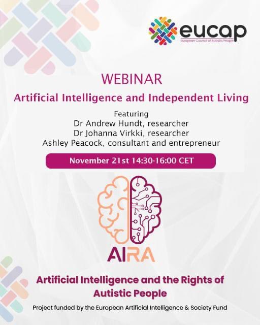 📚🤖Serie de webinaires en anglais par <a href="/EUCAP_autism/">European Council of Autistic People</a> sur l’intelligence artificielle et les droits autistes. 

Ce projet européen a pour but de former les auto-représentants autistes sur les enjeux de l’IA #selfadvocacy

IA &amp; vie autonome le 21 novembre
➡️ eucap.eu/aira/