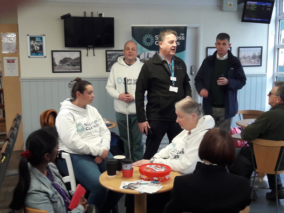 Today, #London SLCs met at #Sutton station for their final ‘Coffee &amp; Chat’ event. #Blind &amp; #PartiallySighted attendees shared challenges using the rail network with words like “anxious, embarrassed &amp; overwhelmed.” We’re committed to raising awareness &amp; making travel more