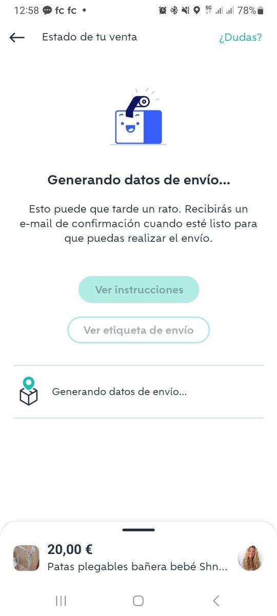 AlbaMMC's tweet photo. @wallapop por segunda vez consecutiva me falla la generación de la etiqueta de envío. No puedo contactar por DM Twitter no me deja. ¿Podéis ayudarme? https://t.co/jGtmbawJYC
