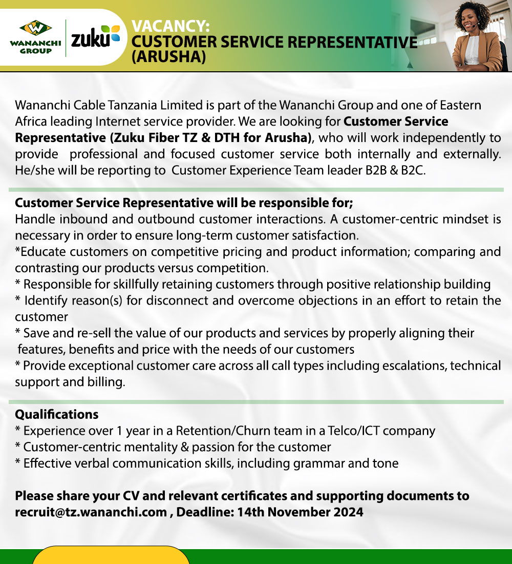 VACANCY:
We are looking for Customer Service Representative (Arusha)
Deadline: 14th November 2024
.
Join our team, Apply NOW 
.
#simbanet #fiberinternet #vacancy #applynow #job #werehiring #business  #Tanzania #simbanet  #internet