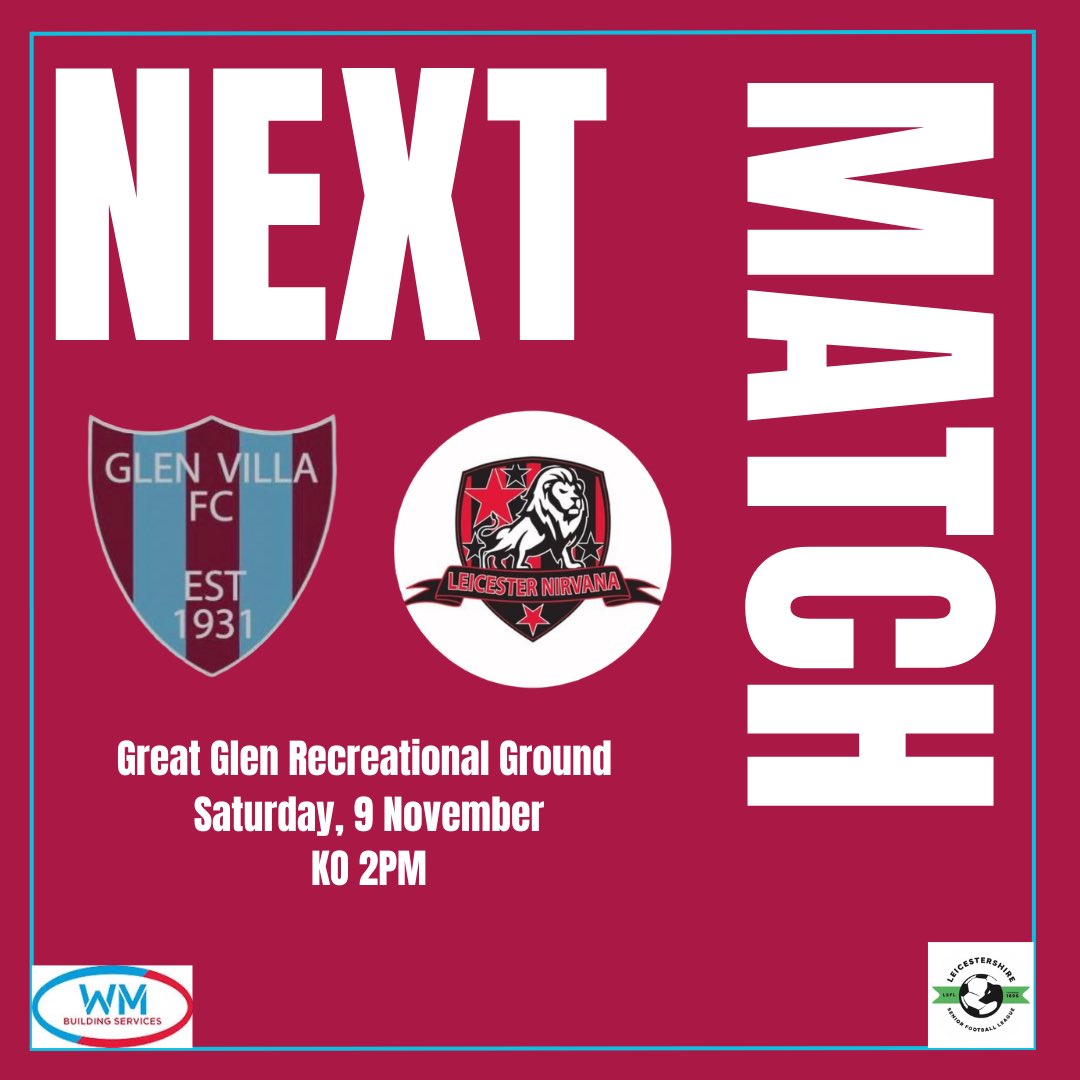 GlenVillaFC's tweet photo. Back to league action this weekend 👊

🆚 @LeicNirvana Res
🗓️ 9th Nov
🏟️ The Rec 
⏰ 2PM

@officialLSL1 

#UpTheVilla https://t.co/dKYjg7Z6gs