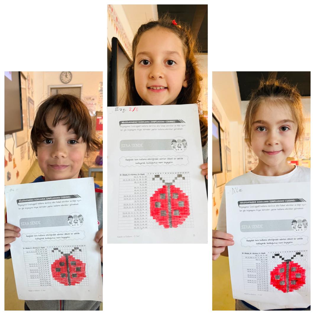 BkYalova's tweet image. 2.sınıf öğrencilerimizle kare kodlama etkinliğimizde adımları dikkatli bir şekilde kodlayarak bulduğumuz resmi boyadık 🎨 #unpluggedcoding