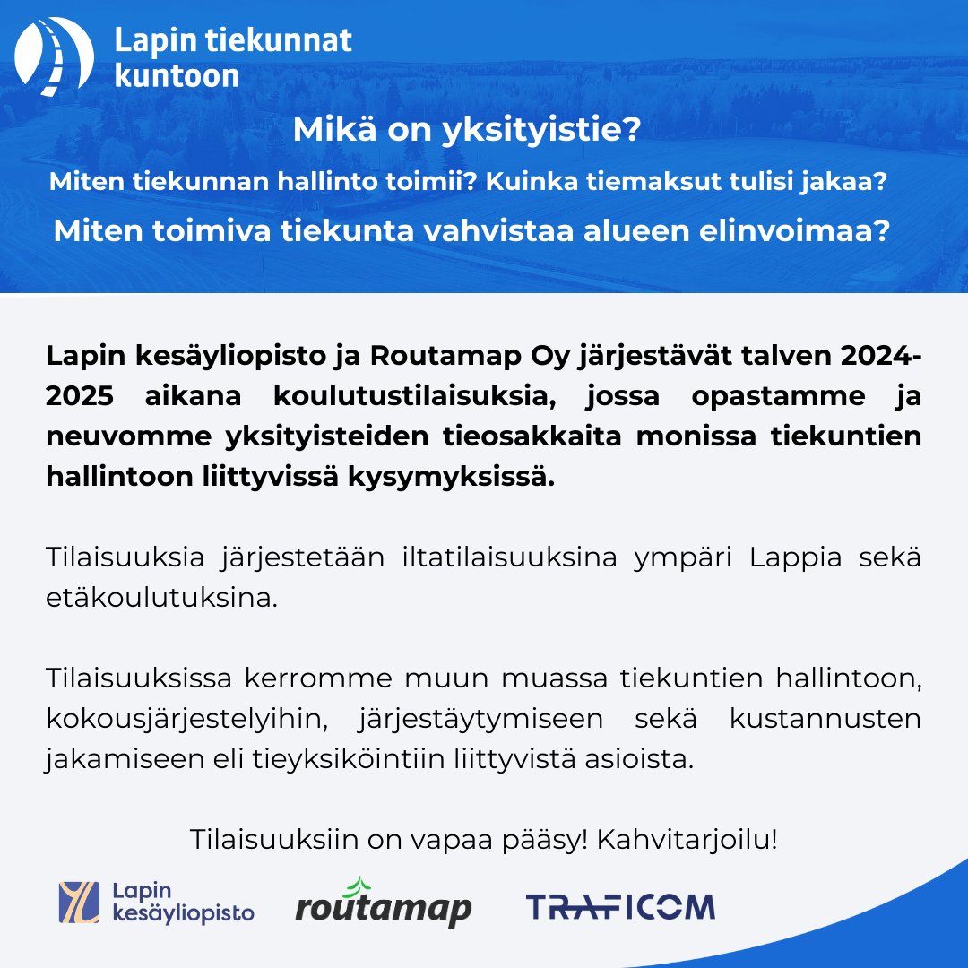 Nyt laitetaan lappilaiset tiekunnat kuntoon! 

Routamap ja Lapin kesäyliopisto järjestävät talven aikana koulutushankkeen, jolla aktivoimme ja koulututamme tieosakkaita yksityistieasoissa!

Tsekkaa lisää 👇

lapinkesayliopisto.fi/lapin-tiekunna…

#yksityistie #tiekunta #lapintiekunnatkuntoon