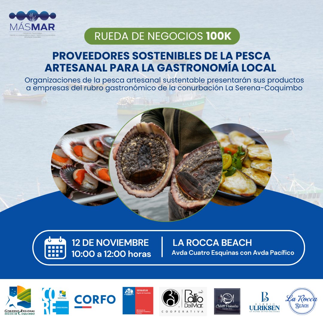 Si eres parte de la red de restaurantes y hotelería de La Serena y Coquimbo esta invitación es para ti. Ven a participar de la Rueda de Negocios 100k con proveedores sostenibles de la pesca artesanal este martes 12 de noviembre de 10:00 a 12:00 horas en La Rocca Beach 🌊🦀