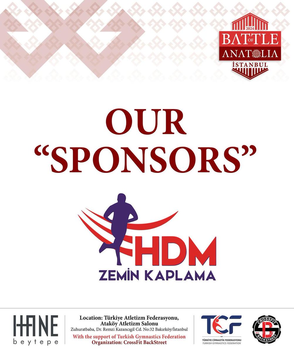 We are proud to be the flooring  sponsor of the Battle of Anatolia CrossFit  Competition.

Battle of Anatolia CrossFit Yarışması'nın zemin sponsoru olmaktan gurur duyuyoruz.

#BattleofAnatolia
#CrossFit