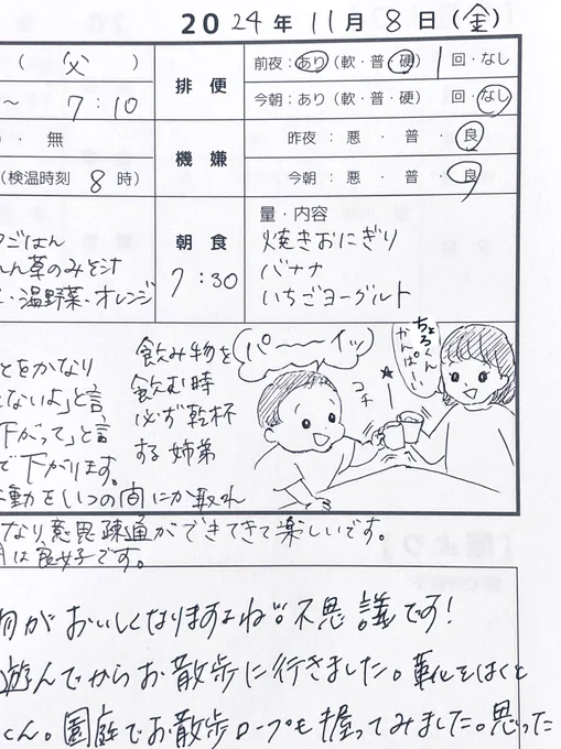 2024.11.08(fri)
1y4m25d

#連絡帳de育児記録
#育児日記 #育児絵日記 #育児イラスト
#1歳 #2023jun_baby
#ママ垢さんと繋がりたい 