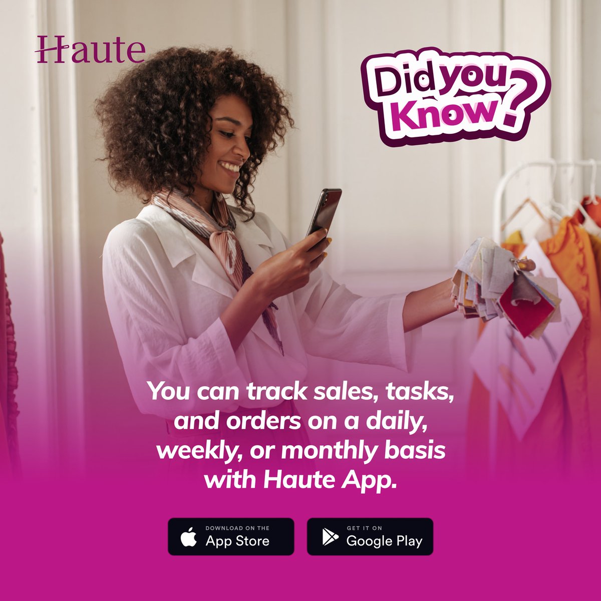 HauteApp's tweet image. Did you know? 

Haute app allows you to track sales, tasks and orders on a daily, weekly or monthly basis. 🧵🪡

Haute app is COMING SOON!!!

#hauteapp #tastemaker #productivity #appfortailors #appforfashiondesigners #fashion #fashiontech