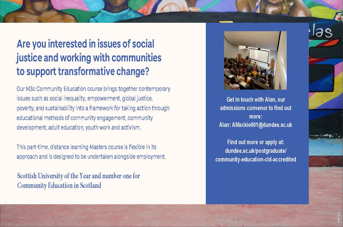 Community Education, University of Dundee (@uodcommed) on Twitter photo Hi everyone, promoting our MSc pathway - do share with your networks. If you are in a Comm Ed post (or similar), have a degree and are looking to continue on your educational journey, the our flexible part-time postgrad pathway might be for you! <a href="/cldstandards/">CLD Standards Council</a> <a href="/edscotcld/">Education Scotland CLD</a> Hi everyone, promoting our MSc pathway - do share with your networks. If you are in a Comm Ed post (or similar), have a degree and are looking to continue on your educational journey, the our flexible part-time postgrad pathway might be for you! <a href="/cldstandards/">CLD Standards Council</a> <a href="/edscotcld/">Education Scotland CLD</a>