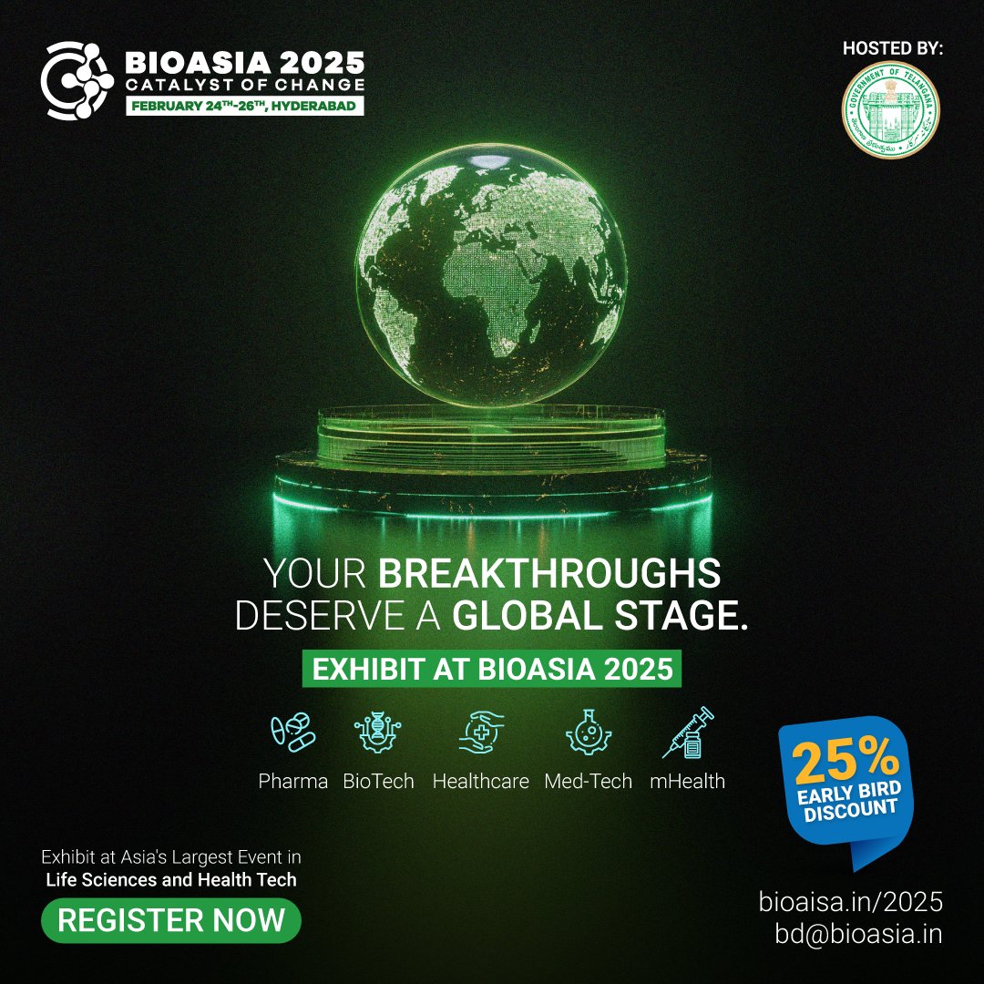Position your brand among leading innovators at BioAsia 2025. Showcase your healthcare innovations and network with leading figures driving industry change.

<a href="/ShakthiNagappan/">Shakthi Nagappan</a> <a href="/TGLifesciences/">Telangana Life Sciences</a>

#BioAsia2025 #CatalystsOfChange #LifeSciencesSummit #GlobalHealthcare