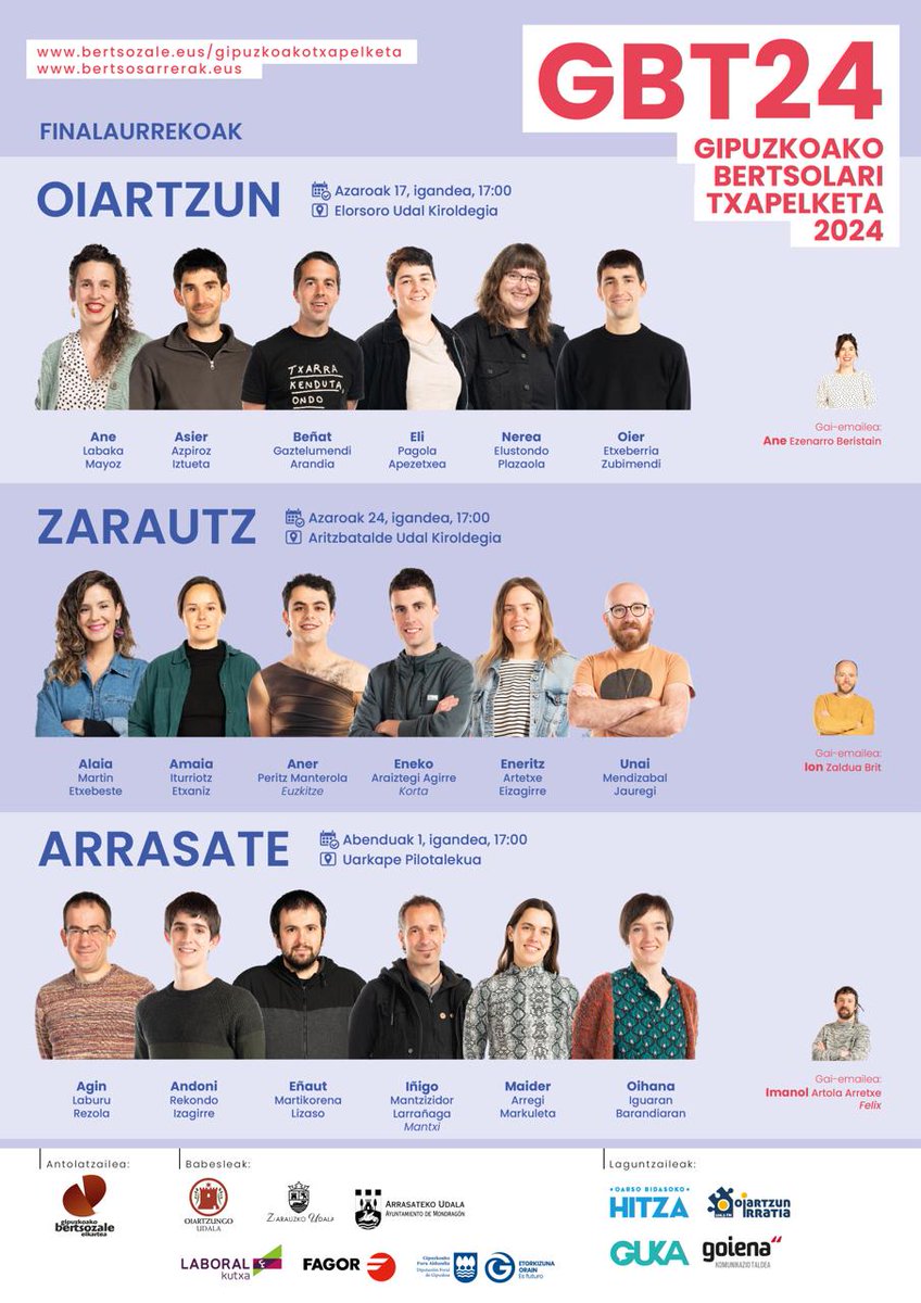 GBertsozale's tweet photo. #GBT24 |
Astebeteko etena izango du txapelketak: datorren astetik aurrera, finalaurrekoak! Zuzenean ere bai, @euskaltelebista|n
Informazio osoa👉 https://t.co/II6AlJ6oPx
Sarrerak👉 https://t.co/Kbf8fjCaAy 
#bertsolaritza #kultura  @oiartzungoudala @ZarauzkoUdala @ArrasatekoUdala https://t.co/mOsaOgwRYB
