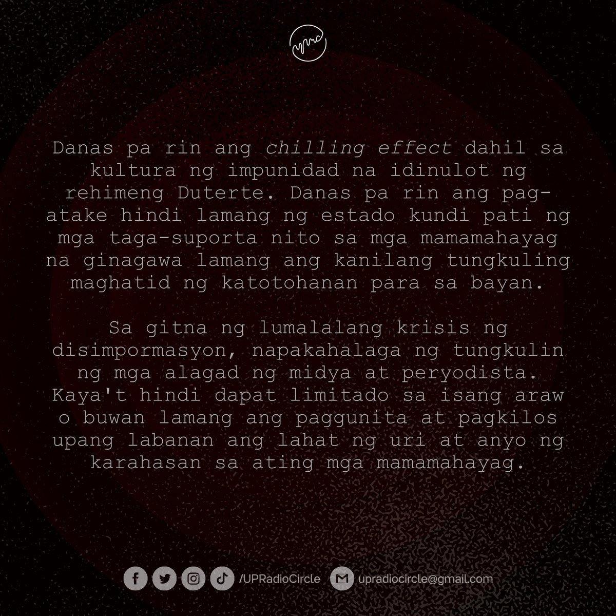 upradiocircle's tweet photo. Ang UP Radio Circle ay nakikiisa sa paggunita sa International Day to End Impunity for Crimes against Journalists. 

Aming panawagan, protektahan ang ating mga mamamahayag! 

#ProtectOurJournalists
#UPRadioCircle
#MoreThanWhatYouHear https://t.co/vmYeuDZ0Tg