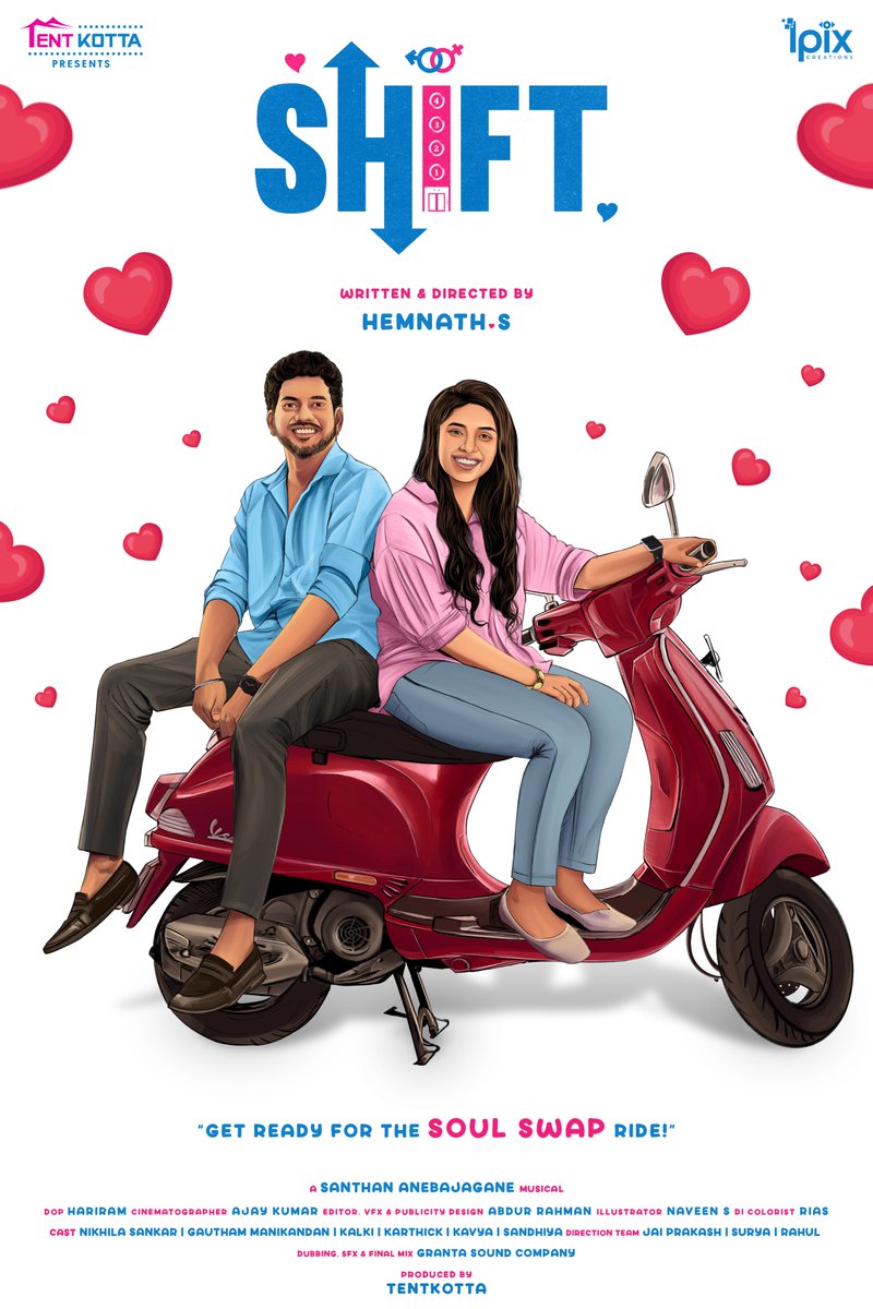 Tentkotta's tweet photo. We are Excited to share the first look of our upcoming originals #SHIFT A short film that blends fantasy and romance with a touch of comedy. Get ready for the Soul Swap ride!❤️

Written & Directed by @hemnaths30
A #SanthanAnebajagane Musical
Produced by @Tentkotta 

#NikhilaSankar @Gautham_167 @AbdurNsr @Hariram_DP @varusath2003