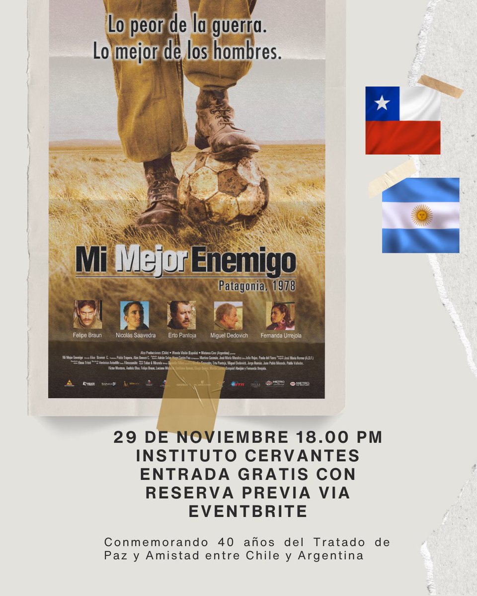 Instituto Cervantes Dublín (@icdublin) on Twitter photo Con motivo de la celebración de los 40 años del Tratado de Paz y Amistad entre Chile y Argentina, la <a href="/ChileinIreland/">Chile in Ireland</a> y la <a href="/EmbArgIrlanda/">Embajada Argentina en Irlanda</a> invitan a la proyección de "Mi mejor enemigo". 📽️
📆29 de noviembre a las 6.
🎫 Gratuita, pero requiere reserva: cultura.cervantes.es/dublin/es/%c2%… Con motivo de la celebración de los 40 años del Tratado de Paz y Amistad entre Chile y Argentina, la <a href="/ChileinIreland/">Chile in Ireland</a> y la <a href="/EmbArgIrlanda/">Embajada Argentina en Irlanda</a> invitan a la proyección de "Mi mejor enemigo". 📽️
📆29 de noviembre a las 6.
🎫 Gratuita, pero requiere reserva: cultura.cervantes.es/dublin/es/%c2%…