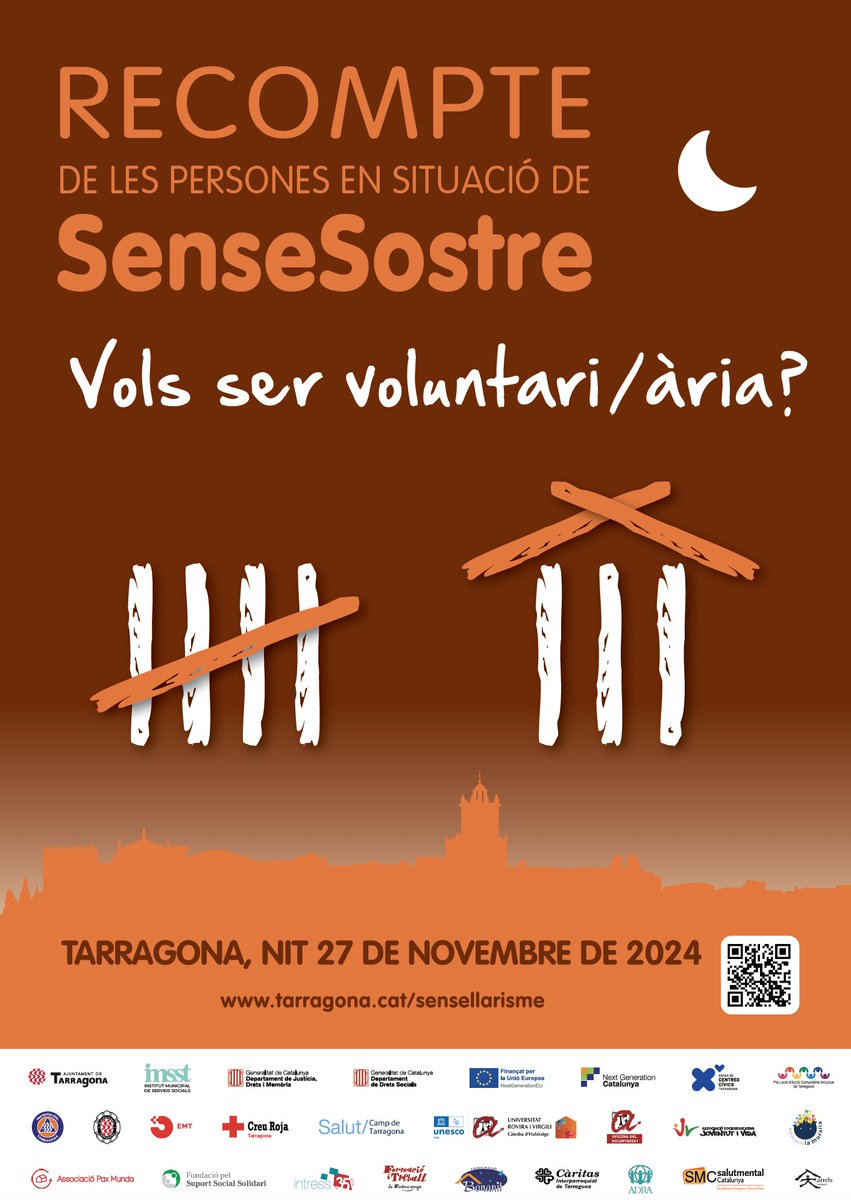 La noche del 27 de noviembre se realizará, desde la Xarxa d'Atenció Integral a les Persones Sense Llar de Tarragona , el #Recuento de personas #sintecho . Apúntate como voluntario/voluntaria : tarragona.cat/serveis-a-la-p…

#sinhogar #homeless
