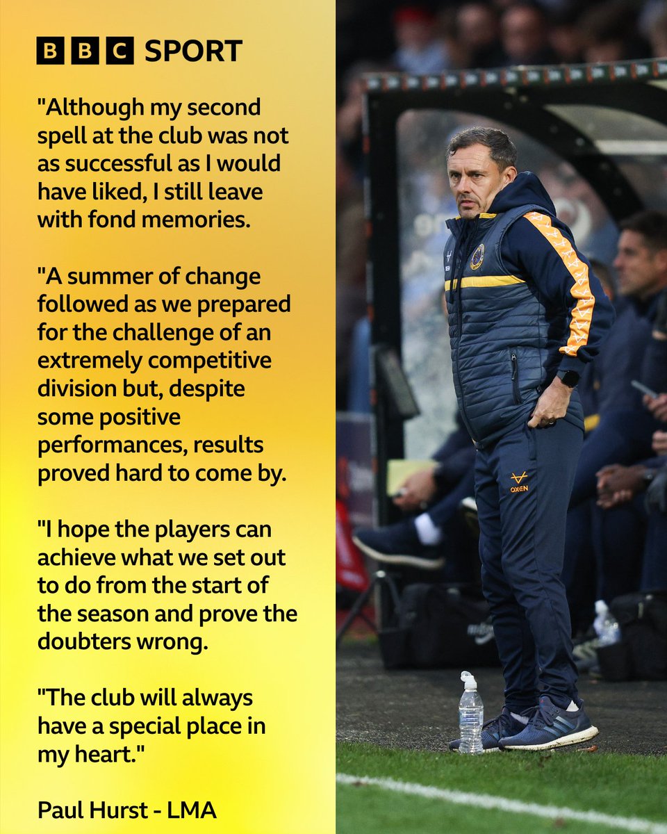 BBCShropSport's tweet photo. 🗣️ Paul Hurst has issued a statement through the LMA following his departure from #Shrewsbury 

📰 Full statement can be read here https://t.co/uX0QMeQaqm

📻 @BBCShropSport 96fm | DAB | Sounds

#BBCFootball | #Salop https://t.co/GYizLe6asQ