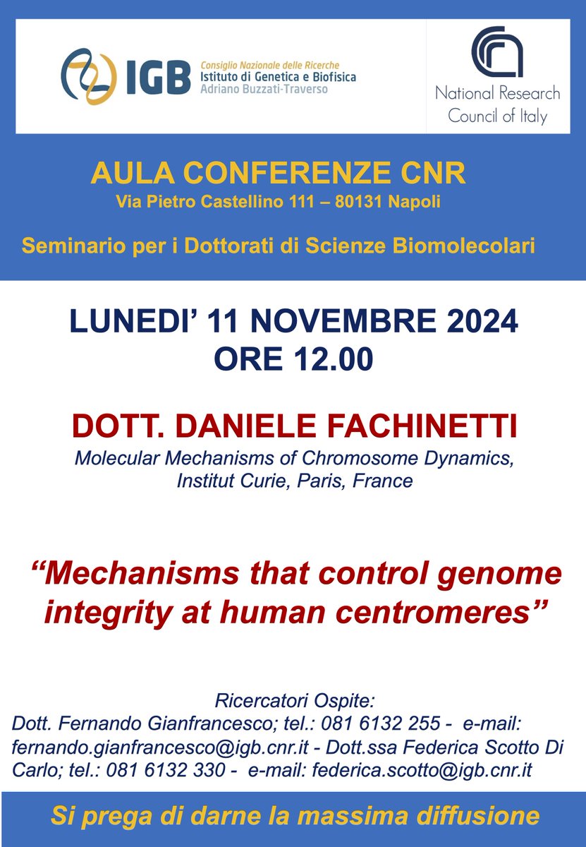Next IGB seminar will be held next Monday by Dr Daniele Fachinetti from Institut Curie (Paris, France), at 12 pm in the CNR Conference Room.  Join us to uncover novel issues in the fields of DNA replication, cell division, and genome integrity!