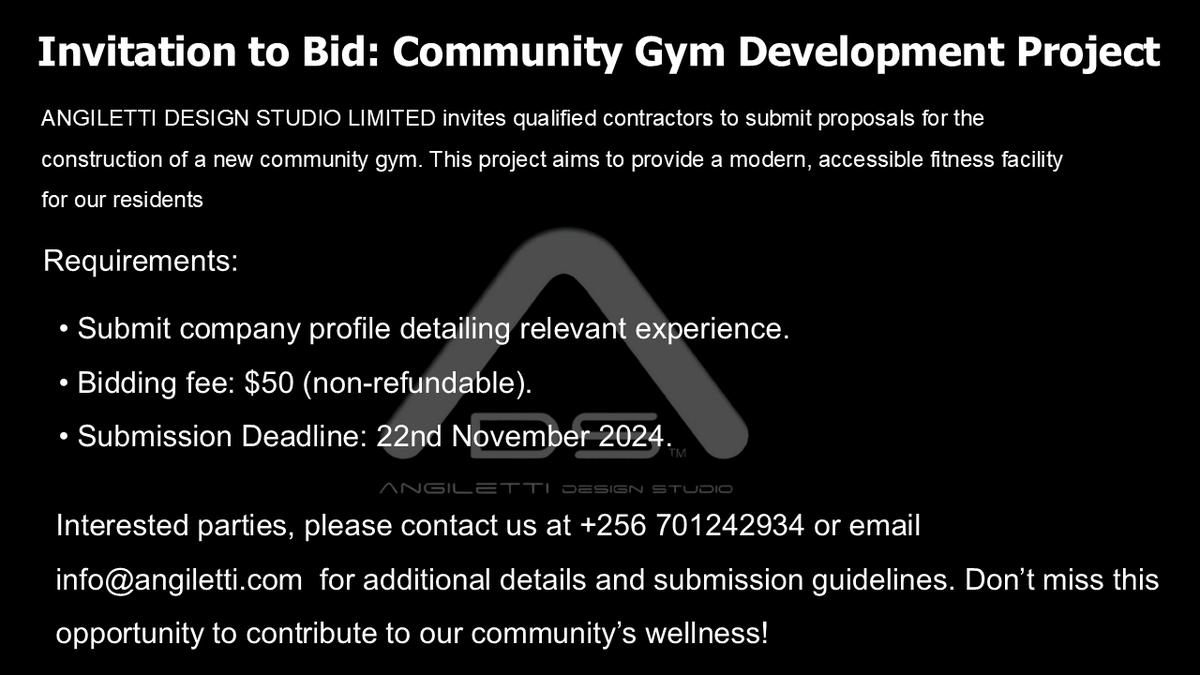 angilettidesign's tweet photo. Invitation to Bid: Community Gym Development Project
ANGILETTI DESIGN STUDIO LIMITED invites qualified contractors to submit proposals for the construction of a new community gym. This project aims to provide a modern, accessible fitness facility for our residents. https://t.co/xOGlyZzl6u