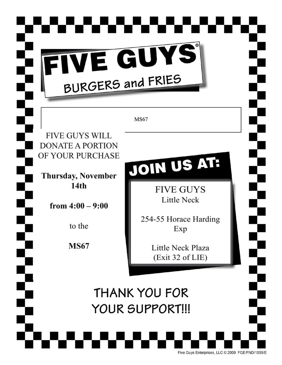 MS67PTA's tweet photo. Fundraiser at five guys and Panera’s this Thursday on 11/14, from 4-8/9pm. Please show flyer so that a portion of the profits return to our school! https://t.co/VZAuJf0hRy