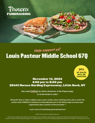 MS67PTA's tweet photo. Fundraiser at five guys and Panera’s this Thursday on 11/14, from 4-8/9pm. Please show flyer so that a portion of the profits return to our school! https://t.co/VZAuJf0hRy