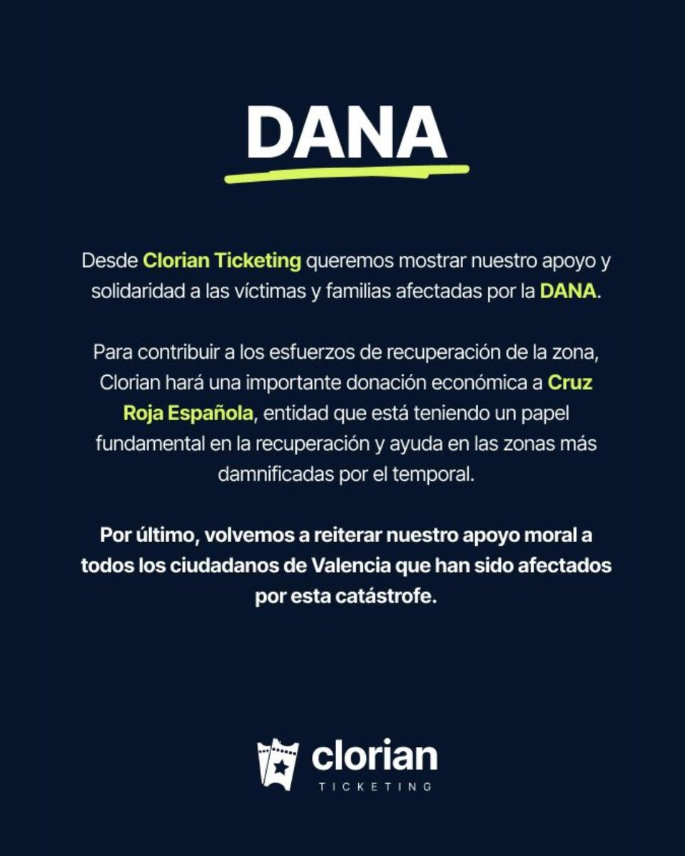 🤝 Desde Clorian Ticketing, queremos mostrar nuestra solidaridad con las personas afectadas por la DANA.

Confiamos en que el trabajo y la solidaridad de todos contribuyan a la pronta recuperación de las zonas más damnificadas.