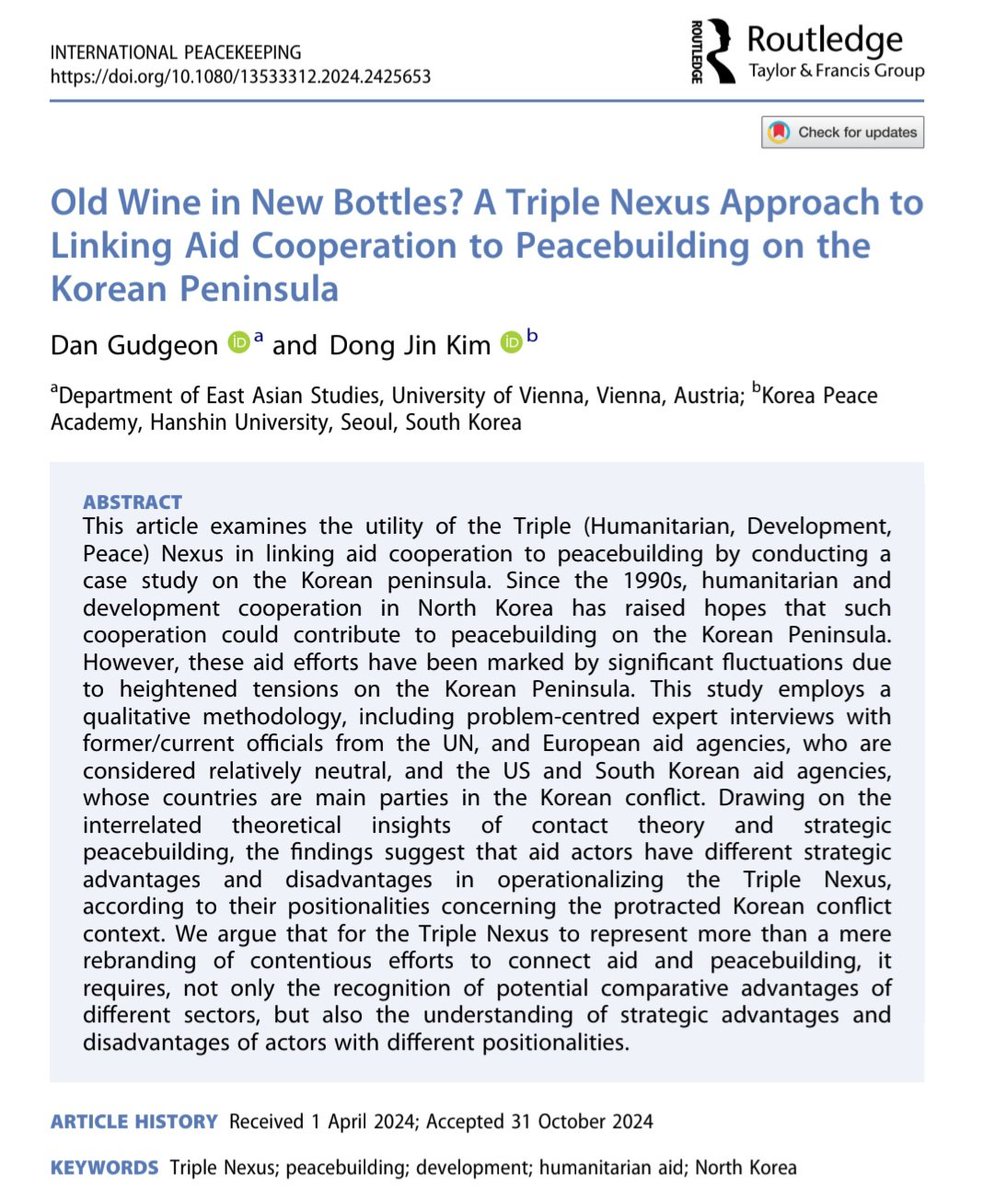 Published with the fantastic <a href="/jin4peace/">kim,dongjin</a> in <a href="/IntPeacekeeping/">International Peacekeeping</a>!  Interviews with inspiring practitioners working in DPRK shows HDP Nexus can transcend state fragility &amp;be applied in inter-state conflict by considering positionality of actors from diff. states
tandfonline.com/eprint/VVFT7XS…