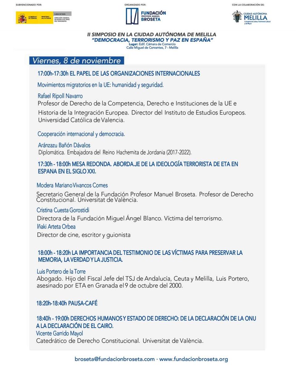 cultura_melilla's tweet photo. Segunda jornada hoy viernes 8 de noviembre, desde las 17:00h, en el Salón de Actos de la Consejería de Cultura (antigua Cámara de Comercio), con entrada libre hasta completar aforo.
#simposio #broseta #seguridad #España #Melilla https://t.co/VhlyUsEu0a