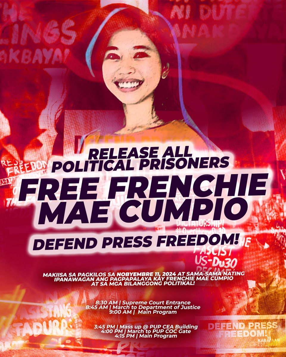 PUP_COCSC's tweet photo. FREE FRENCHIE MAE CUMPIO, RELEASE ALL POLITICAL PRISONERS, AND DEFEND PRESS FREEDOM! 

Makiisa sa gaganaping pagkilos sa Lunes, ika-11 ng Nobyembre upang ipanawagan ang pagpapalaya kay Frenchie Mae Cumpio at iba pang mga bilanggong pulitikal! https://t.co/7hqoVKUBf4