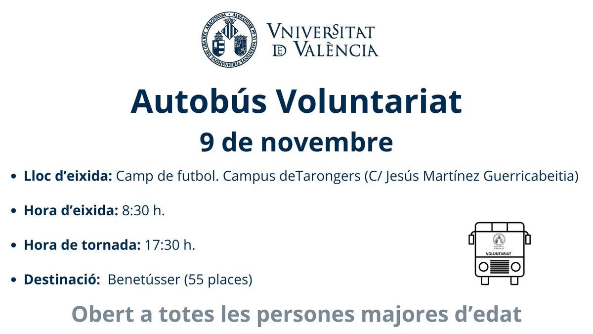 📢 Autobús de #Voluntariat obert a la ciutadania
🗓️ Dissabte 9 de novembre
💻 Inscripcions ir.uv.es/9RzxxBC
𝐸𝑙 𝑓𝑜𝑟𝑚𝑢𝑙𝑎𝑟𝑖 𝑒𝑠 𝑡𝑎𝑛𝑐𝑎𝑟𝑎̀ 𝑎𝑢𝑡𝑜𝑚𝑎̀𝑡𝑖𝑐𝑎𝑚𝑒𝑛𝑡 𝑒𝑛 𝑐𝑜𝑏𝑟𝑖𝑟 𝑙𝑒𝑠 𝑝𝑙𝑎𝑐𝑒𝑠
#DANA #benetússer