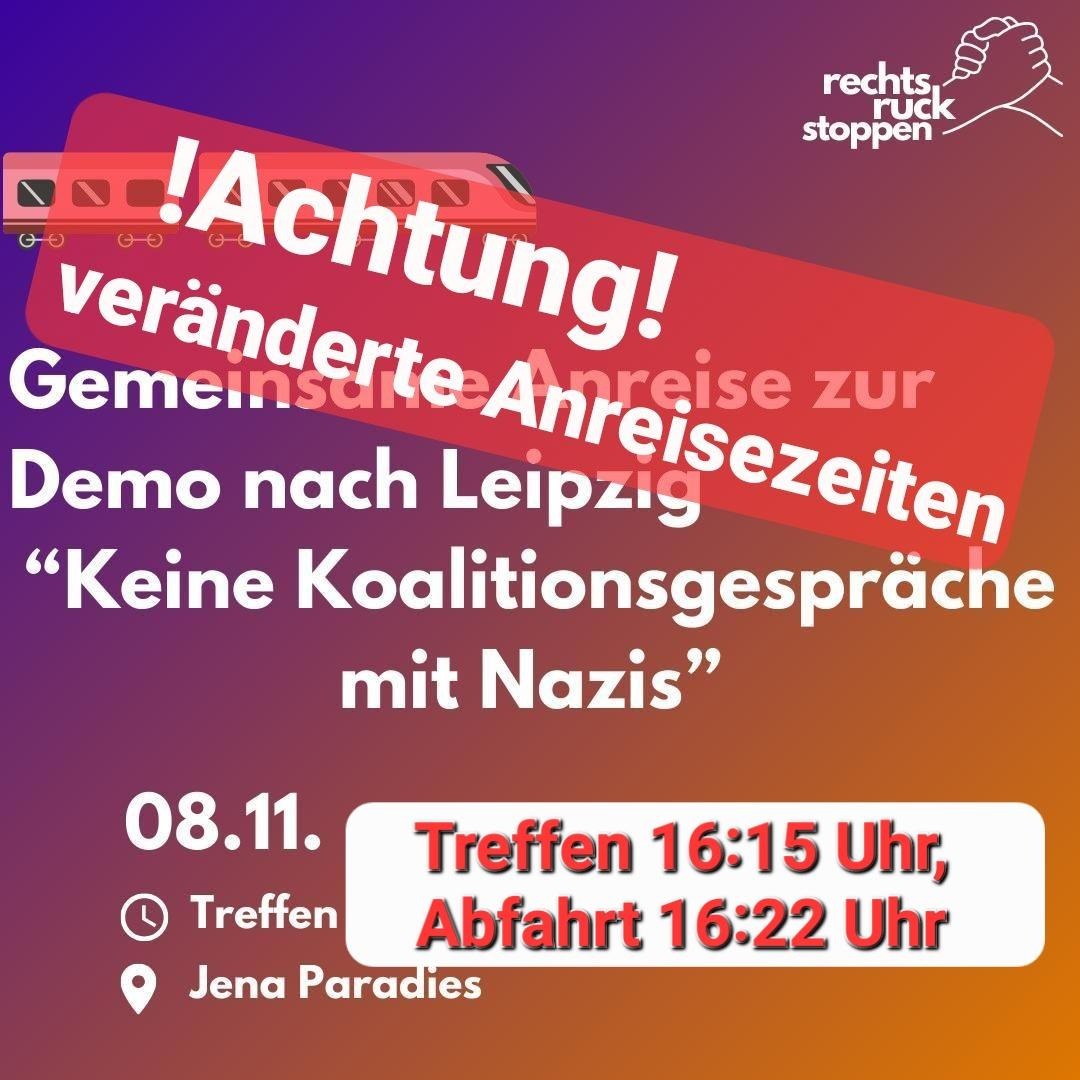 Anreise aus Jena heute um 16:15 Uhr am Paradiesbahnhof!
via <a href="/rechtsruckstopp/">Rechtsruck stoppen</a>