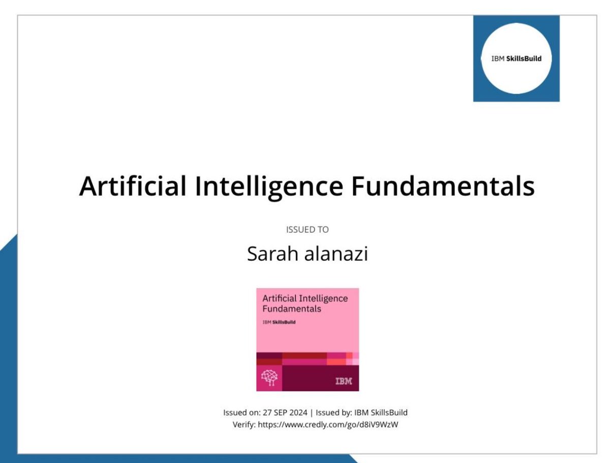 Sa1vx_'s tweet photo. Excited to share that I completed the Fundamentals of Artificial Intelligence certification! زادت التجربة من فهمي لمفاهيم وتطبيقات الذكاء الاصطناعي https://t.co/Df9DPdKceV
