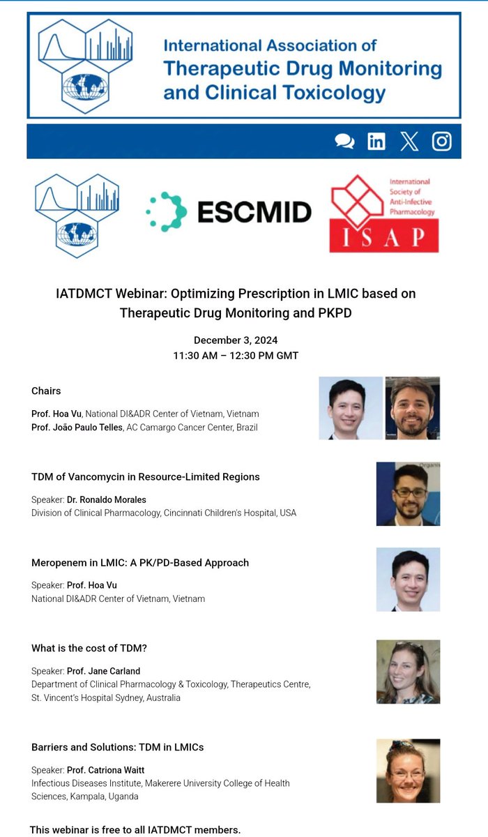 IATDMCT Webinar Optimizing prescription in LMIC based on TDM

December 3rd
Register Now!!! FREE to all IATDMCT members 
⬇️⬇️⬇️⬇️⬇️⬇️
shorturl.at/obkaa

#IATDMCT #TDM
