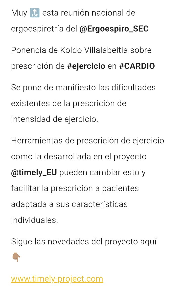 Tools like the "REPT" #exerciseprescription (EP) tool developed within <a href="/timely_EU/">TIMELY</a> project can help clinicians prescribe safe individual exercise. ⛹🏽‍♀️
"EP is still a challenge" said  Dr.Villalabeitia during today's <a href="/Ergoespiro_SEC/">Grupo Trabajo Ergoespirometría SEC</a> meeting

Follow TIMELY 👇🏽
timely-project.com