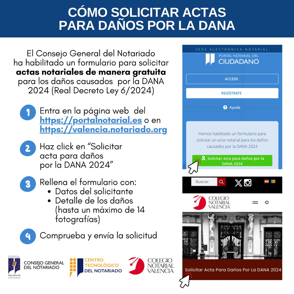 ✅ Hemos habilitado una plataforma para que los afectados por la #DANA puedan solicitar telemáticamente y de manera gratuita las actas notariales de los daños materiales sufridos en 👉portalnotarial.es

Puedes consultar toda la información en:
ℹ️ valencia.notariado.org
ℹ️